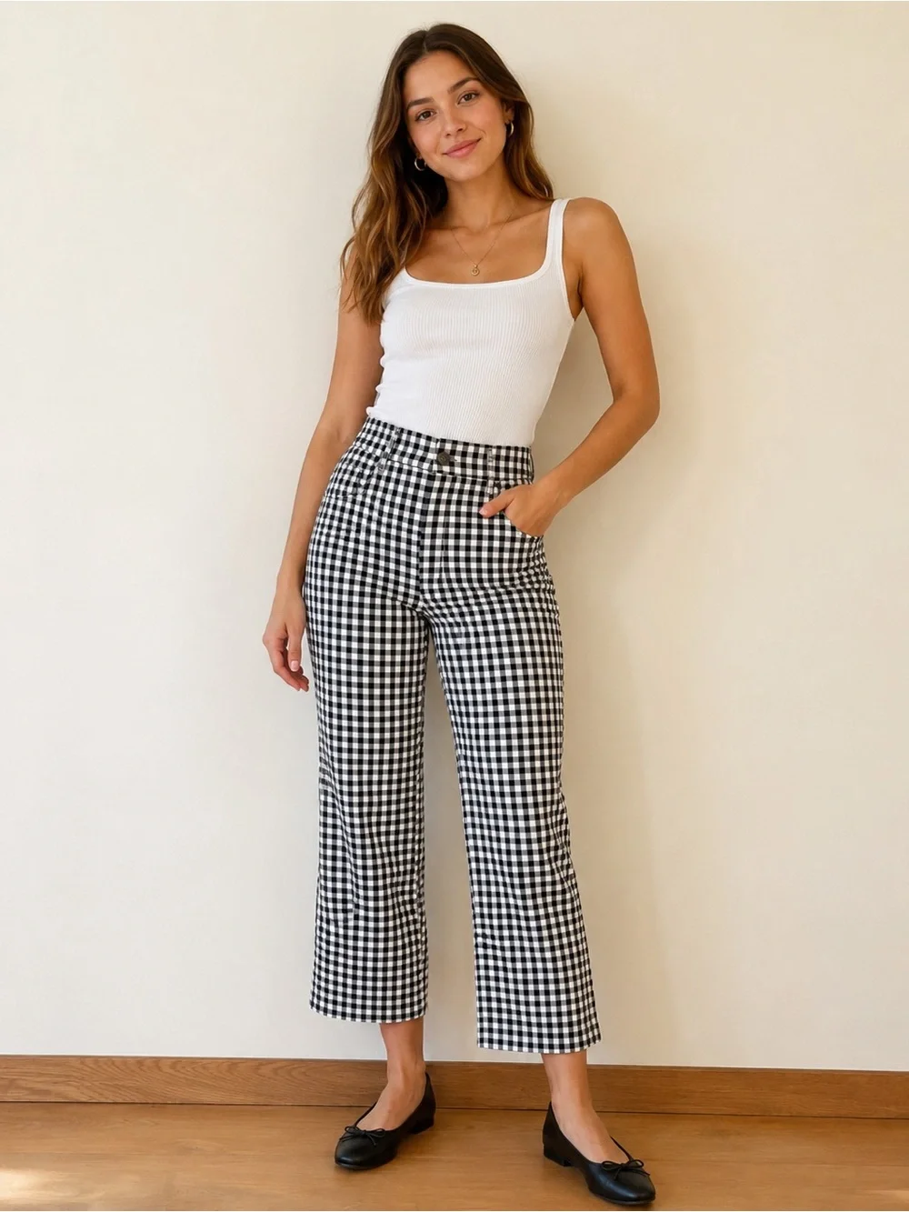 Free People Florence Pants Womens Medium Black White Gingham Check Crop Flare